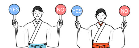 Priest and shrine maiden of the shrine, holding a placard indicating correct and incorrect answers, Vector Illustrationのイラスト素材