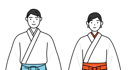 Priest and shrine maiden of the shrine, with a smile facing forward, Vector Illustrationのイラスト素材