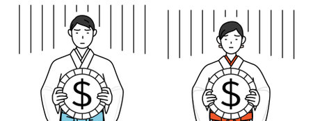 Priest and shrine maiden of the shrine, an image of exchange loss or dollar depreciation, Vector Illustrationのイラスト素材