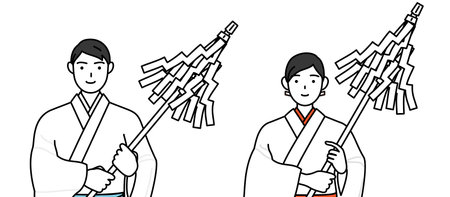Priest and shrine maiden of the shrine, praying, Vector Illustrationのイラスト素材