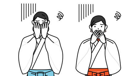 Priest and shrine maiden of the shrine, covering his face in depression, Vector Illustrationのイラスト素材
