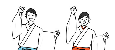 Priest and shrine maiden of the shrine, jumping with light-hearted delight, Vector Illustrationのイラスト素材