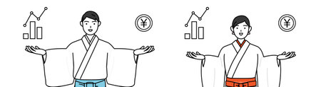 Priest and shrine maiden of the shrine, guiding an image of DX, performance and sales improvement, Vector Illustrationのイラスト素材