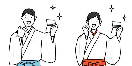 Priest and shrine maiden of the shrine, who is pleased to see a bankbook, Vector Illustrationのイラスト素材