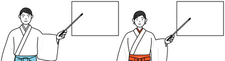 Priest and shrine maiden of the shrine, pointing at a whiteboard with an indicator stick, Vector Illustrationのイラスト素材