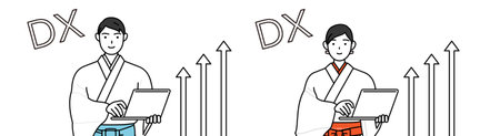 Image of DX, Priest and shrine maiden of the shrine, who has successfully improved his business, Vector Illustrationのイラスト素材