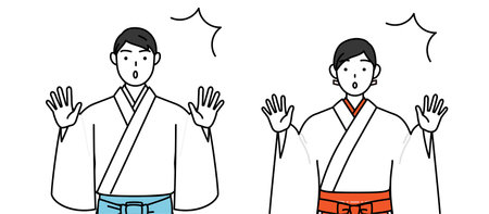 Priest and shrine maiden of the shrine, raising his hand in surprise, Vector Illustrationのイラスト素材