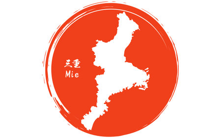 The Japanese flag with brushstrokes of the rising sun and map of Mie prefecture, Japan Region, Vector Illustrationのイラスト素材