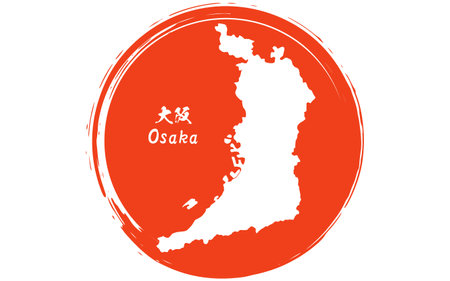 The Japanese flag with brushstrokes of the rising sun and map of Osaka prefecture, Japan Region, Vector Illustrationのイラスト素材