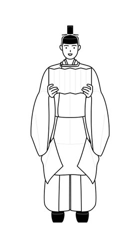 Priest of the shrine, wearing a crown and a white silk robes worn at festivals, performing a prayer of congratulation, Vector Illustrationのイラスト素材