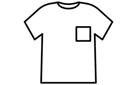 Men's crew neck T-shirt with chest pocket, simple line drawing icon in black and white, Vector Illustrationのイラスト素材