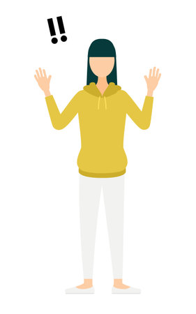Simple illustration of a woman in a khaki-colored parka raising her hand in surprise, Vector Illustrationのイラスト素材