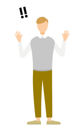 Simple illustration of a man in a gray vest raising his hand in surprise, Vector Illustrationのイラスト素材