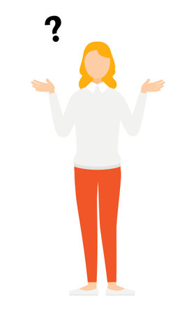 Simple illustration of a woman in a gray sweater asking a question, Vector Illustrationのイラスト素材