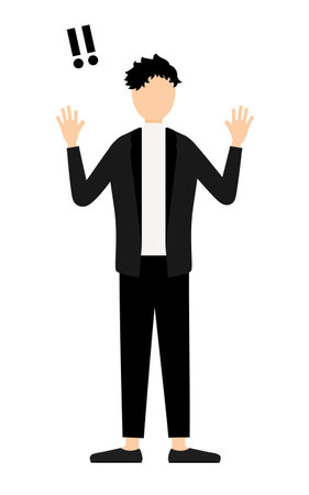 Simple illustration of a man in a black jacket raising his hand in surprise, Vector Illustrationのイラスト素材