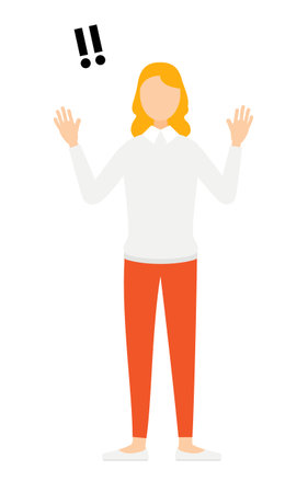 Simple illustration of a woman in a gray sweater raising her hand in surprise, Vector Illustrationのイラスト素材