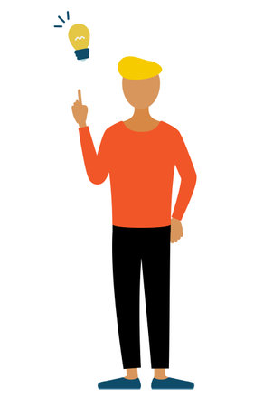 Simple illustration of a man in a red shirt inspiring an idea, Vector Illustrationのイラスト素材