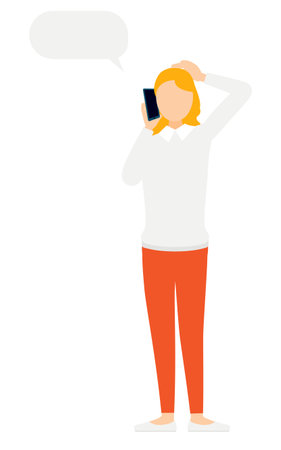 Simple illustration of a woman in a gray sweater talking on her phone, Vector Illustrationのイラスト素材