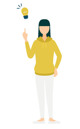 Simple illustration of a woman in a khaki-colored parka inspiring an idea, Vector Illustrationのイラスト素材