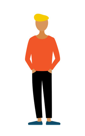 Simple illustration of a man in a red shirt with his hands in his pockets, Vector Illustrationのイラスト素材