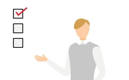 Simple illustration of a man in a gray vest talking and showing the checklist, Vector Illustrationのイラスト素材