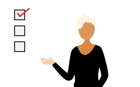 Simple illustration of a woman in a black shirt talking and showing the checklist, Vector Illustrationのイラスト素材