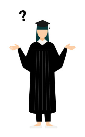 Simple illustration of an asian female graduates in graduation gowns and square caps questioning, Vector Illustrationのイラスト素材