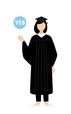 Simple illustration of an asian female graduate in a graduation gown and square cap holding a yes-no stick, Vector Illustrationのイラスト素材