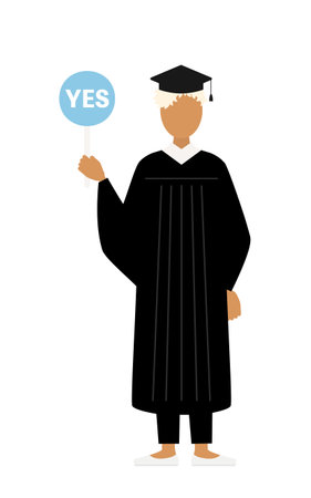 Simple illustration of a black female graduate in a graduation gown and square cap holding a yes-no stick, Vector Illustrationのイラスト素材