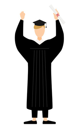 Simple illustration of a white male graduates in graduation gowns and square caps gut-punching with a diploma, Vector Illustrationのイラスト素材
