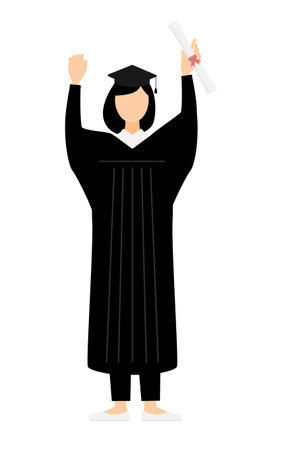 Simple illustration of an asian female graduates in graduation gowns and square caps gut-punching with a diploma, Vector Illustrationのイラスト素材