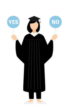 Simple illustration of an asian female graduate in a graduation gown and square cap holding a yes-no stick, Vector Illustrationのイラスト素材