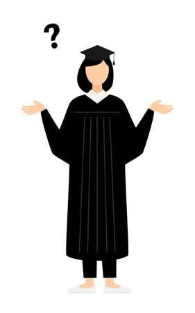 Simple illustration of an asian female graduates in graduation gowns and square caps questioning, Vector Illustrationのイラスト素材