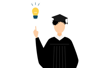 Simple illustration of an asian male graduates in graduation gowns and square caps inspiring ideas, Vector Illustrationのイラスト素材