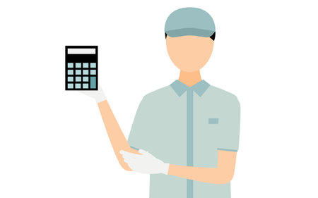 Simple illustration of a worker man in a cap showing a budget and estimate, Vector Illustrationのイラスト素材