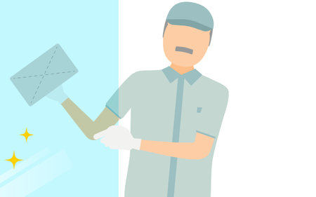 Simple illustration of a senior worker man in a hat window cleaning, Vector Illustrationのイラスト素材