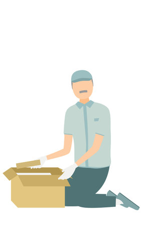 Simple illustration of a senior worker man wearing a hat a package in a cardboard box, Vector putting Illustrationのイラスト素材