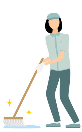 Simple illustration of a worker woman in a hat wiping down with a mop, Vector Illustrationのイラスト素材