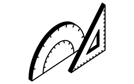 Simple line drawing icon of a triangular ruler and protractor used in arithmetic, isometric illustration, Vector Illustrationのイラスト素材