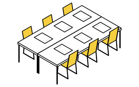 Simple and cute isometric line art illustration of a conference room with long desks facing each other, Vector Illustrationのイラスト素材
