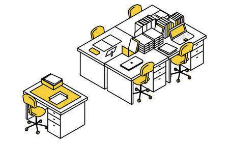 Simple and cute isometric line art illustration of an office with a row of desks, Vector Illustrationのイラスト素材