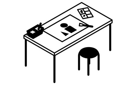 Simple and cute isometric line art illustration of a drawing in art class, Vector Illustrationのイラスト素材
