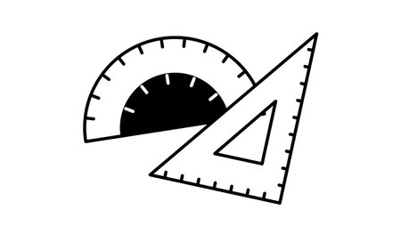 Simple line drawing icon of a triangular ruler and protractor used in arithmetic, Vector...