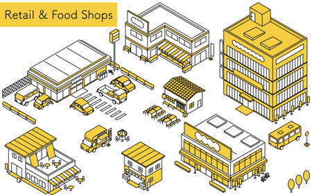 Convenience store, supermarket, drugstore, shop, cafe, food truck storefront illustration set, isometric illustration with simple line art, Vector Illustrationのイラスト素材