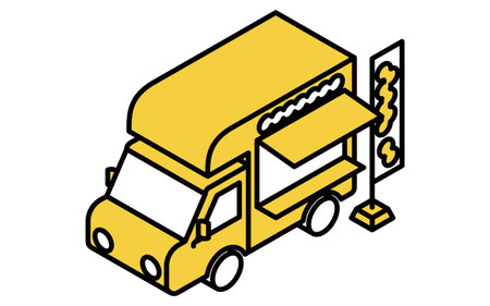 Isometric illustration of a food truck in simple line art style, mobile street vendor vehicle vector, Vector Illustrationのイラスト素材