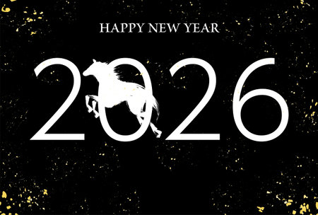 2026 Year of the Horse Elegant Japanese New Year Card Template with White Horse, Black Background...