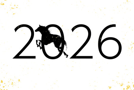 White background New Year's card template with black horse silhouette and gold foil style design for...