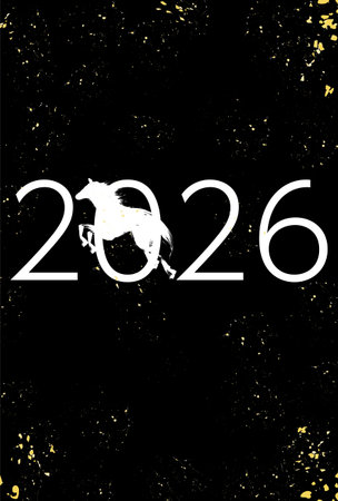 2026 Year of the Horse Elegant Japanese New Year Card Template with White Horse, Black Background...
