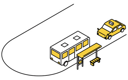 Isometric line art of a rotary with bus stop, parked bus and taxi in minimal urban cityscape, Vector Illustrationのイラスト素材