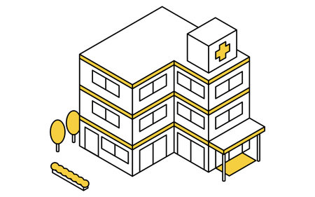 Isometric line art illustration of a simple hospital building with entrance, signage, and medical facility architecture in cityscape, Vector Illustrationのイラスト素材